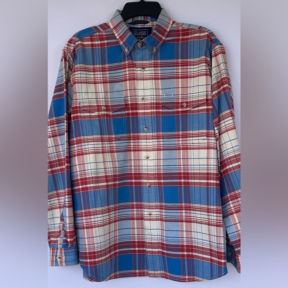 Classic Western Men’s Button Down Shirt‎ Plaid Long Sleeves Size Large